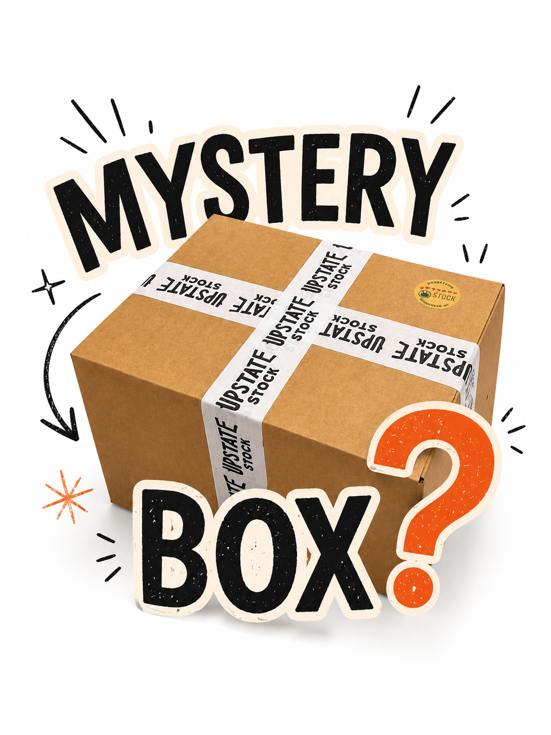 Mystery box with text and question mark on a white background