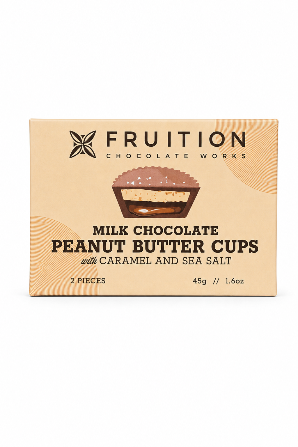 Fruition Chocolate Works Milk Chocolate Peanut Butter Cups with Caramel and Sea Salt, 2 pieces, in a beige cardboard box.