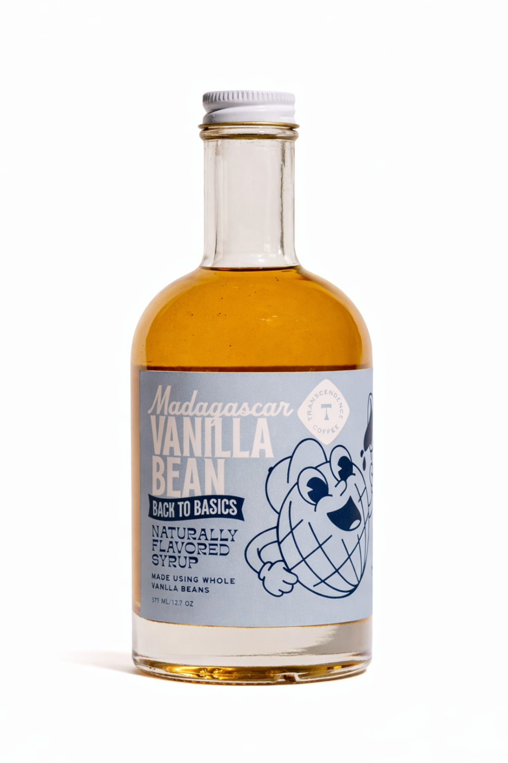 Bottle of vanilla extract with a label on a white background