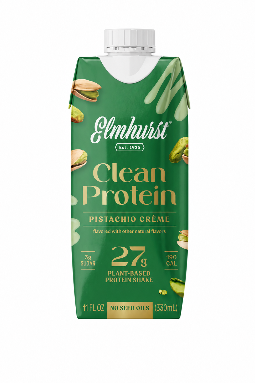 An 11 fl oz carton of Elmhurst Clean Protein Pistachio Crème plant-based protein shake, featuring a green design with pistachio illustrations and gold and white text.