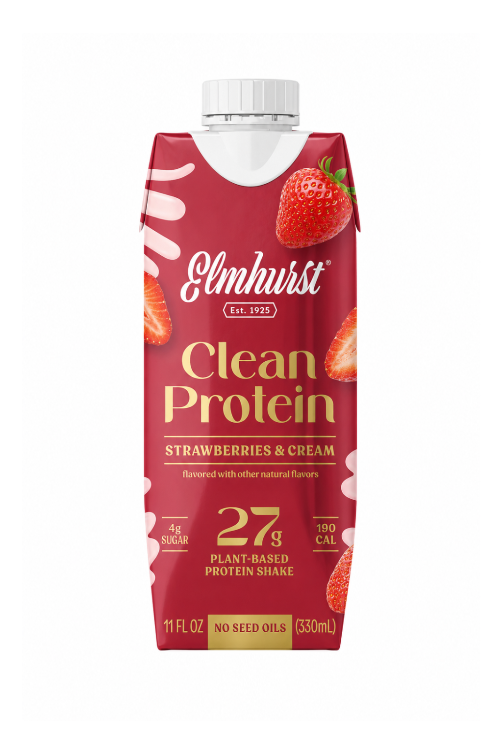 Elmhurst Clean Protein Strawberry & Cream plant-based protein shake in an 11 fl oz carton, featuring a deep red design with white and gold text and strawberry graphics.