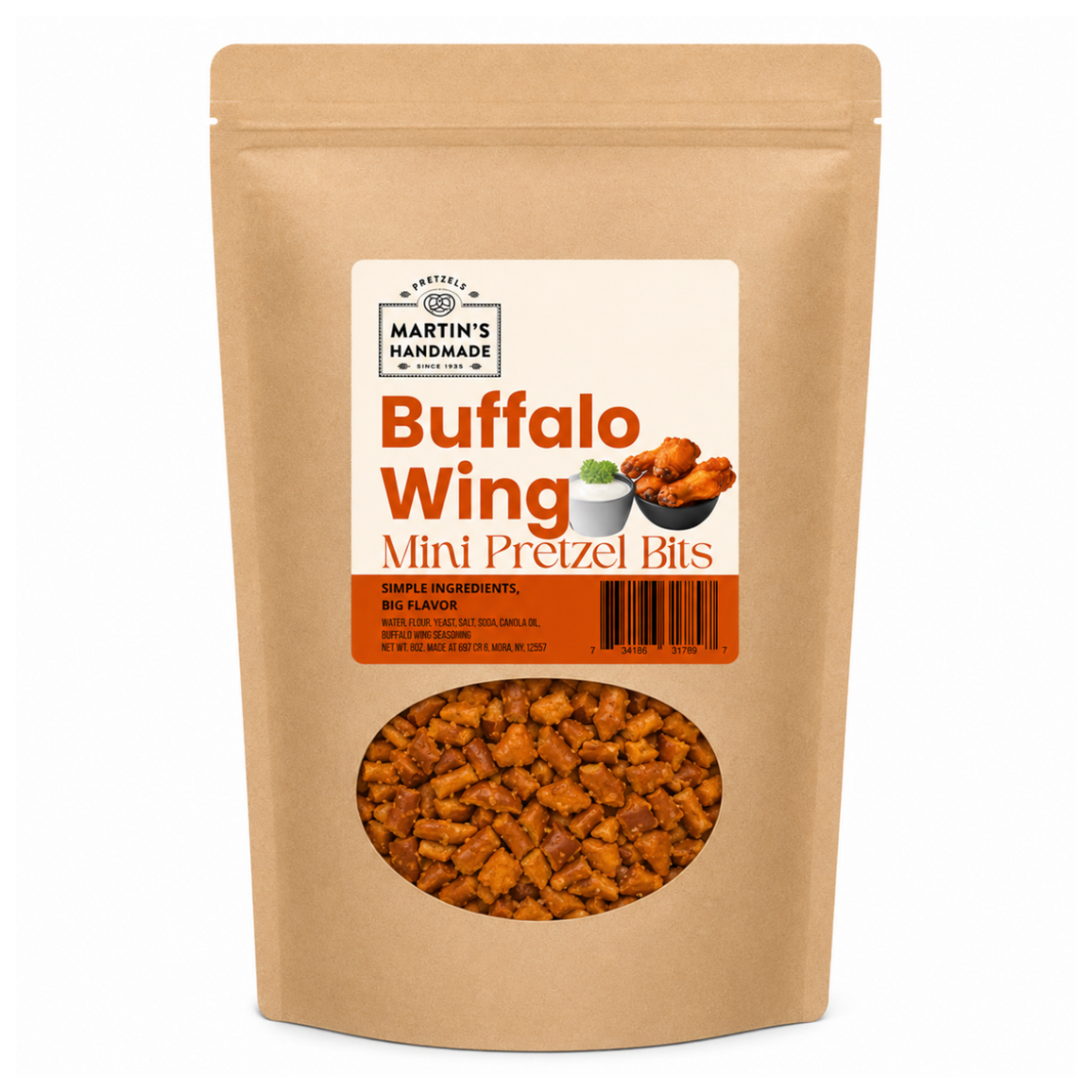 A stand-up kraft paper pouch of Martin's Handmade Buffalo Wing Mini Pretzel Bits on a white background, with a clear window showing the pretzel pieces inside.