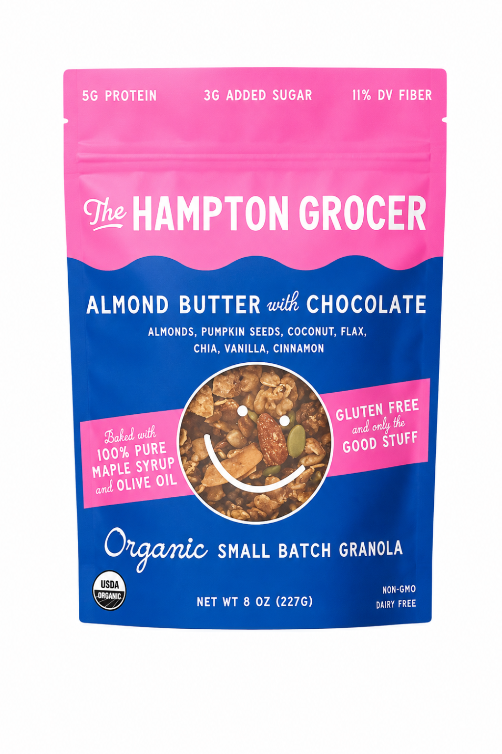 The Hampton Grocer organic small batch granola packaging with a pink and blue design.