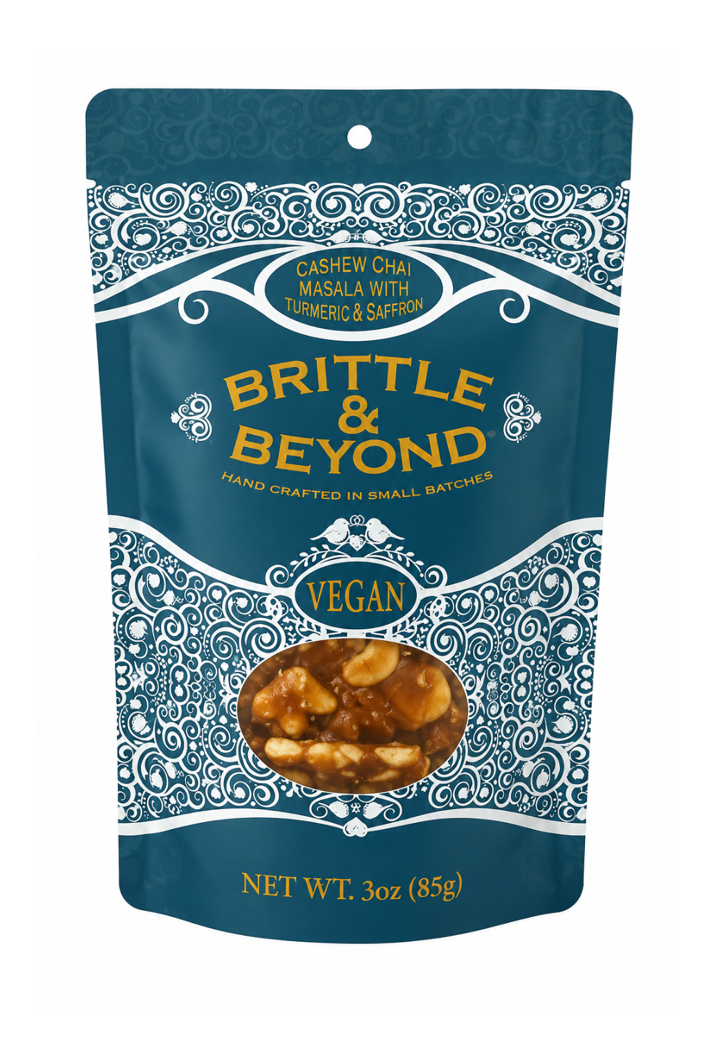 Brittle & Beyond package with blue and white design on a white background