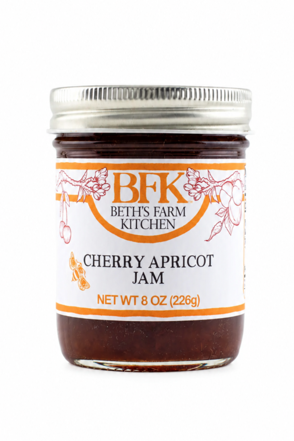 Jar of cherry apricot jam from Beth's Farm Kitchen on a white background