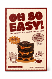 Miso Caramel Brownie Mix packaging with cartoon illustrations on a white background