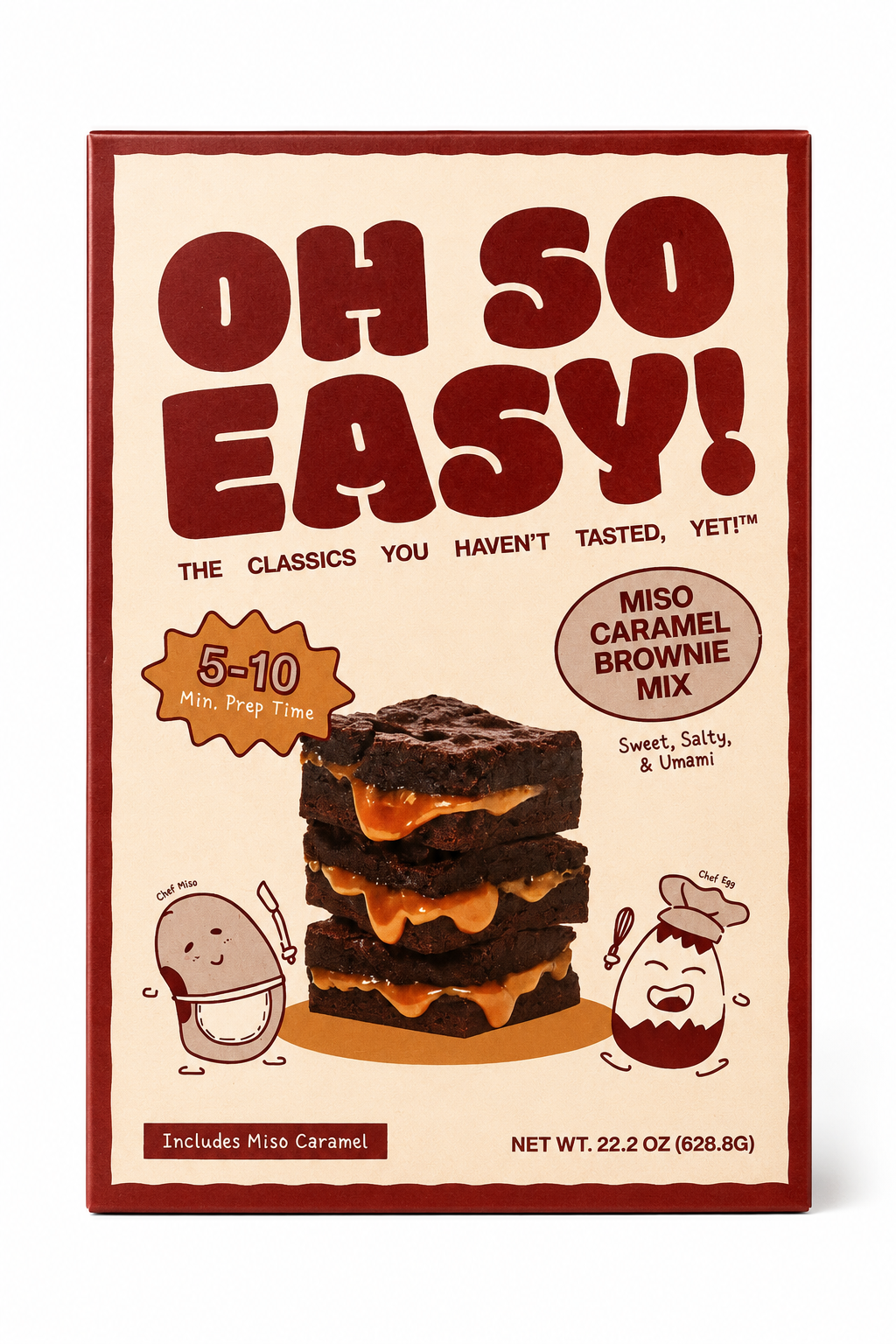 Miso Caramel Brownie Mix packaging with cartoon illustrations on a white background