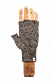 A single fingerless knit glove in a heathered dark gray-brown color, displayed on a wooden hand-shaped mannequin against a plain white background.