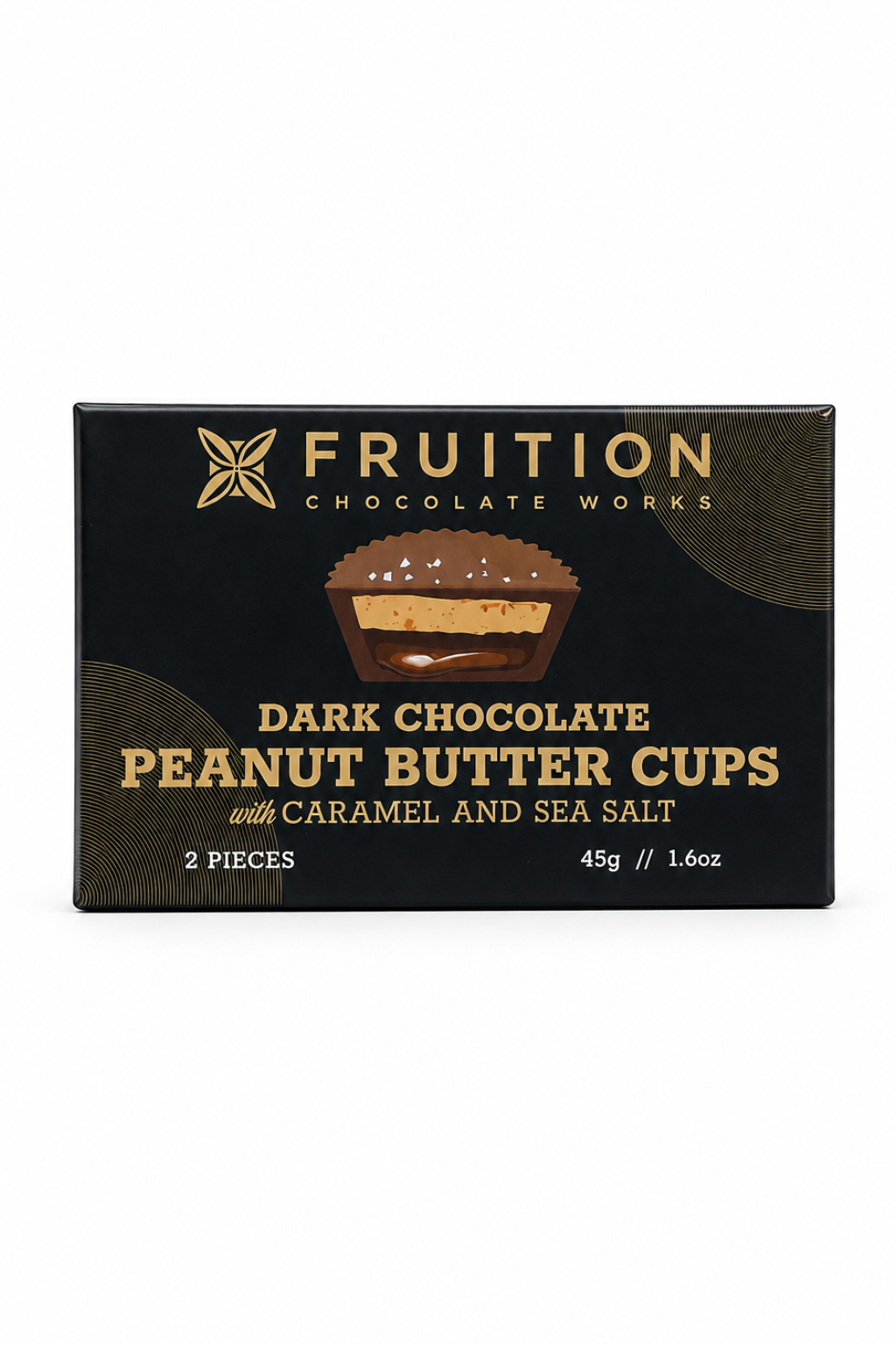 A box of Fruition Chocolate Works Dark Chocolate Peanut Butter Cups with Caramel and Sea Salt, 2 pieces, in a black package with gold lettering and a chocolate cup graphic.