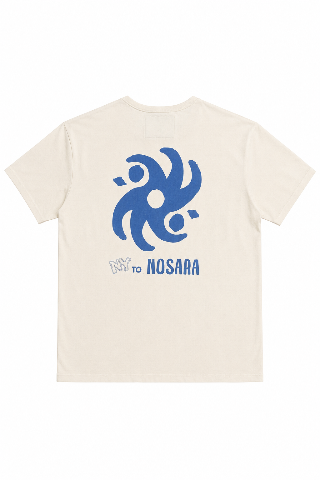 An off-white short-sleeve t-shirt with a blue graphic on the back. The graphic features a stylized octopus-like symbol above the text 'NY TO NOSARA' in blue.