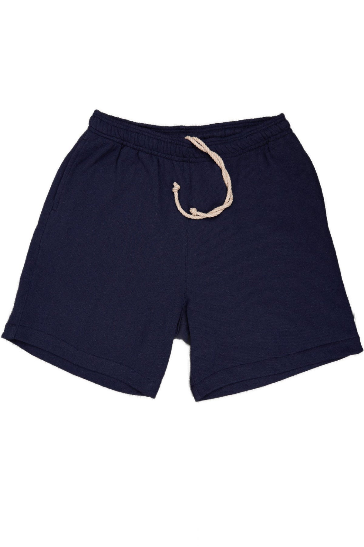 Navy-colored shorts with a drawstring waist.