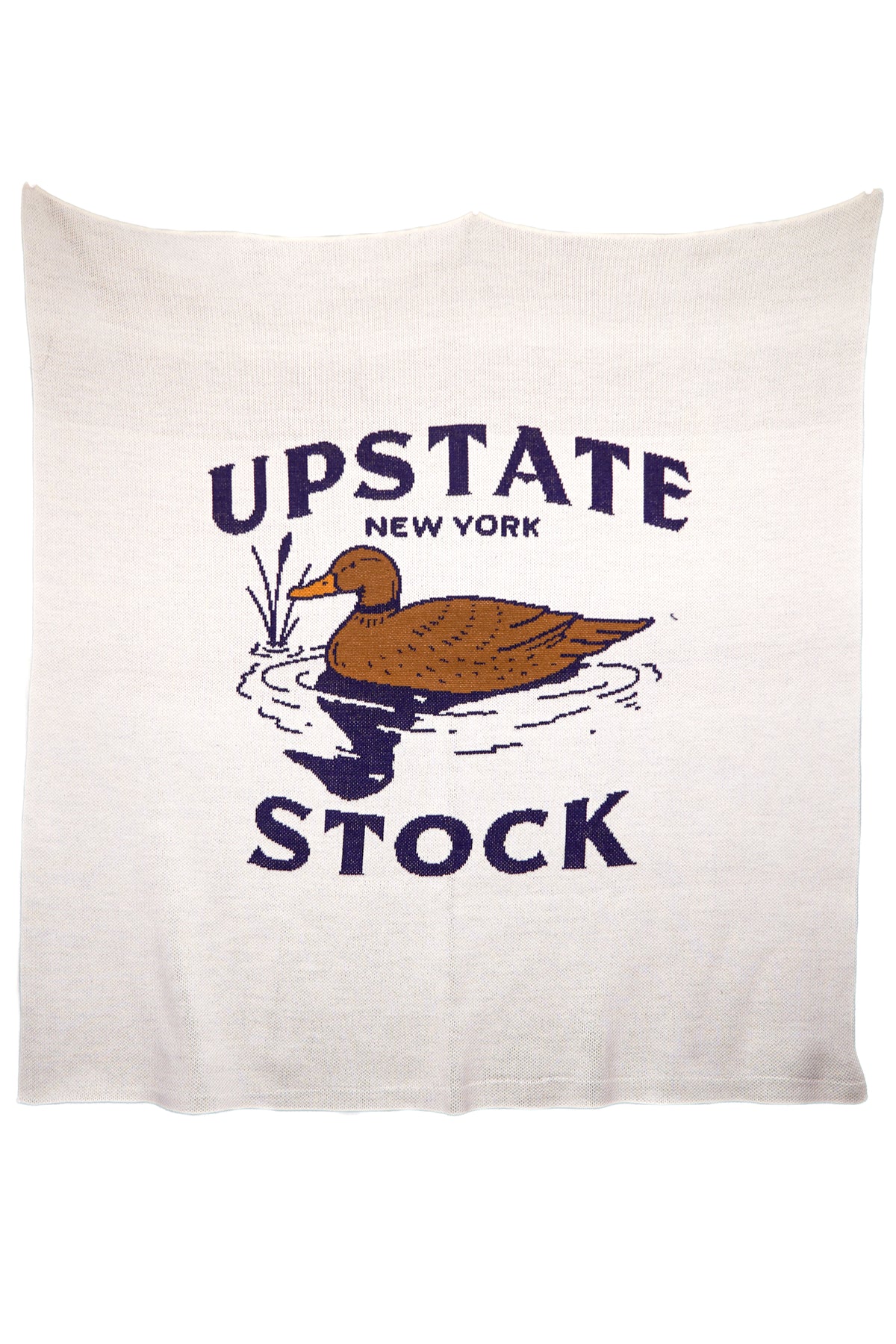 Blanket with 'Upstate New York Stock' text and duck illustration on a white background