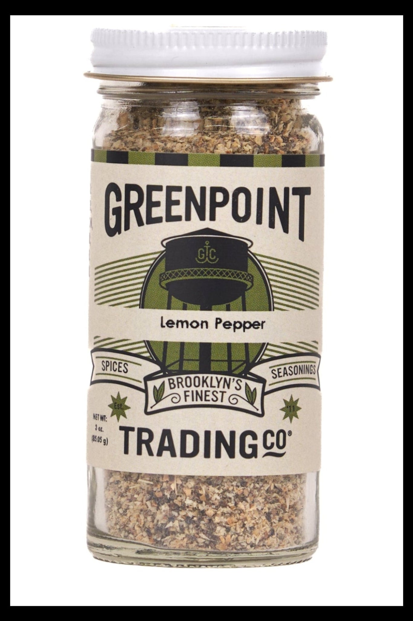 Jar of Greenpoint Trading Co. lemon pepper seasoning on a white background