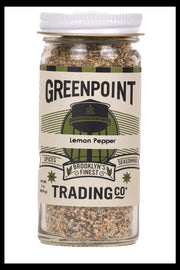 Jar of Greenpoint Trading Co. lemon pepper seasoning on a white background