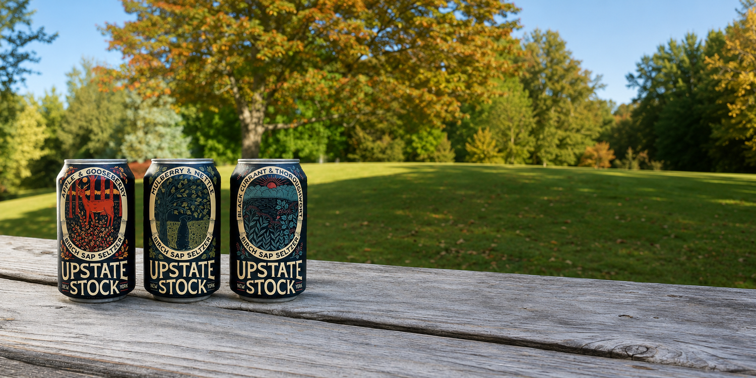 Three cans of Upstate Stock seltzer on a wooden table with a park background